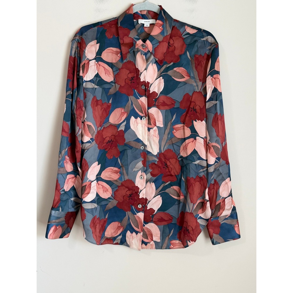 Vince Silk Blouse Womens Medium Floral Long Sleeve Button Down Shirt